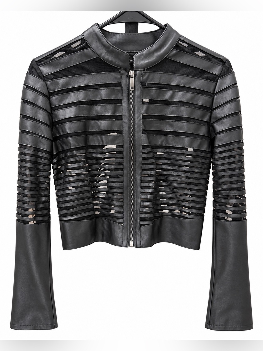 Black Faux Leather Mesh Striped Moto Jacket – Size Small
